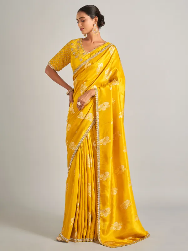 Radiant mustard yellow silk saree with zari work