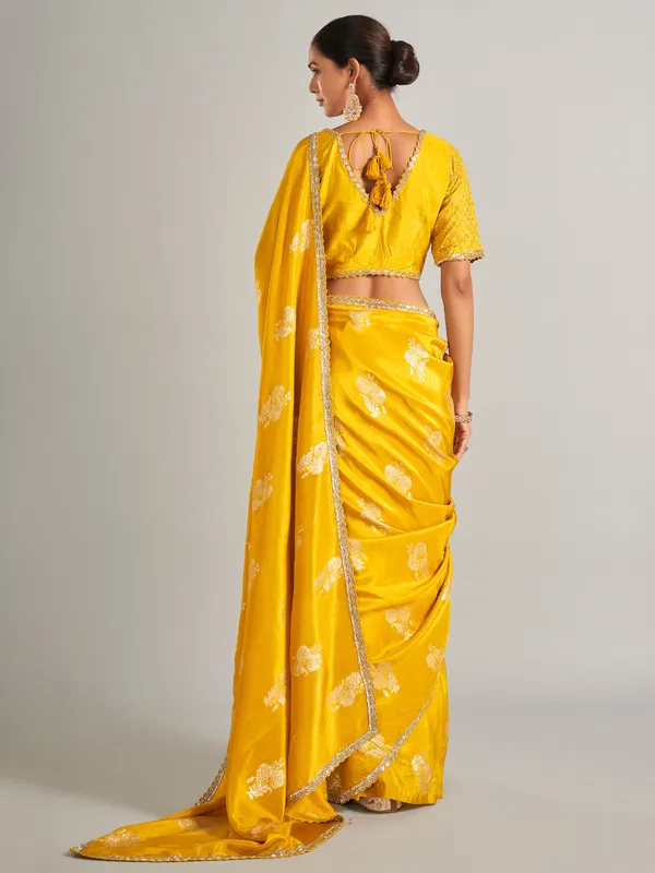 Radiant mustard yellow silk saree with zari work