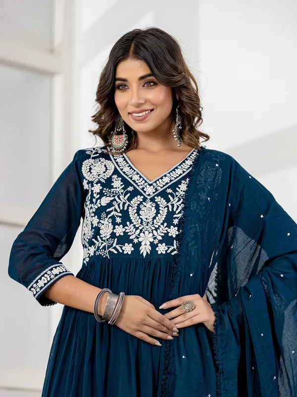 Rama blue anarkali cotton kurti set