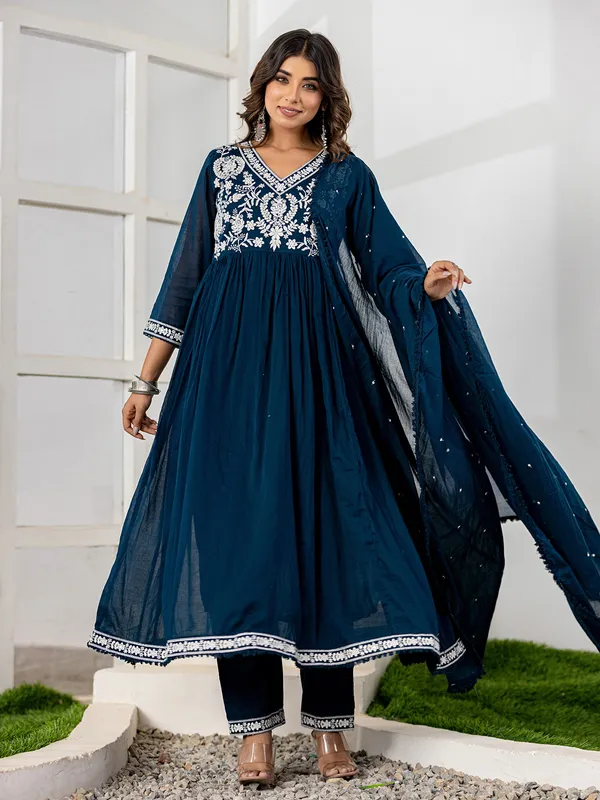 Rama blue anarkali cotton kurti set