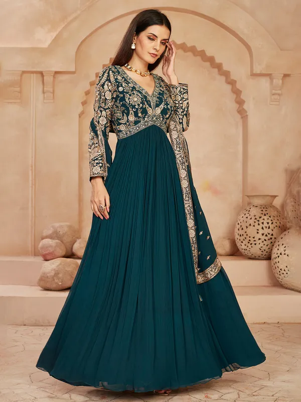 Rama blue anarkali suit with dupatta