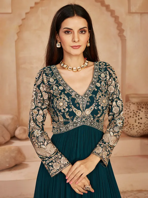 Rama blue anarkali suit with dupatta