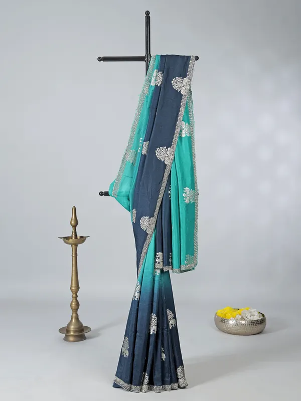 Rama blue and green shaded dola silk saree
