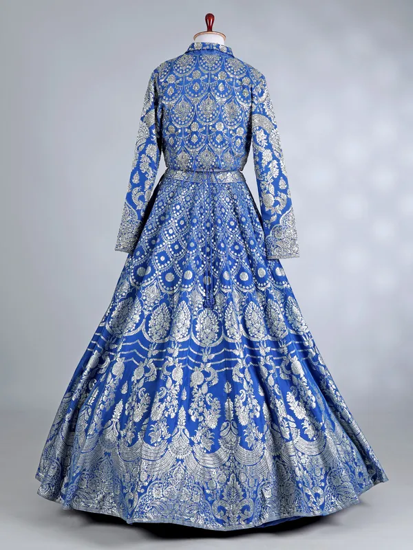Rama blue banarasi jacket lehenga choli ensemble