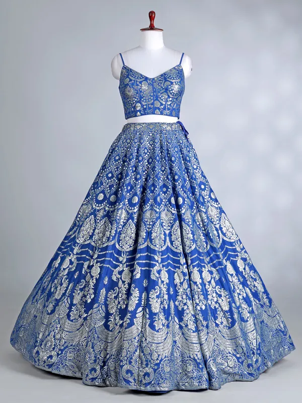 Rama blue banarasi jacket lehenga choli ensemble