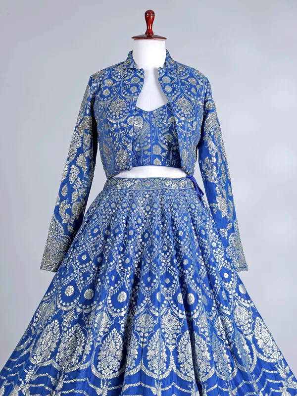 Rama blue banarasi jacket lehenga choli ensemble