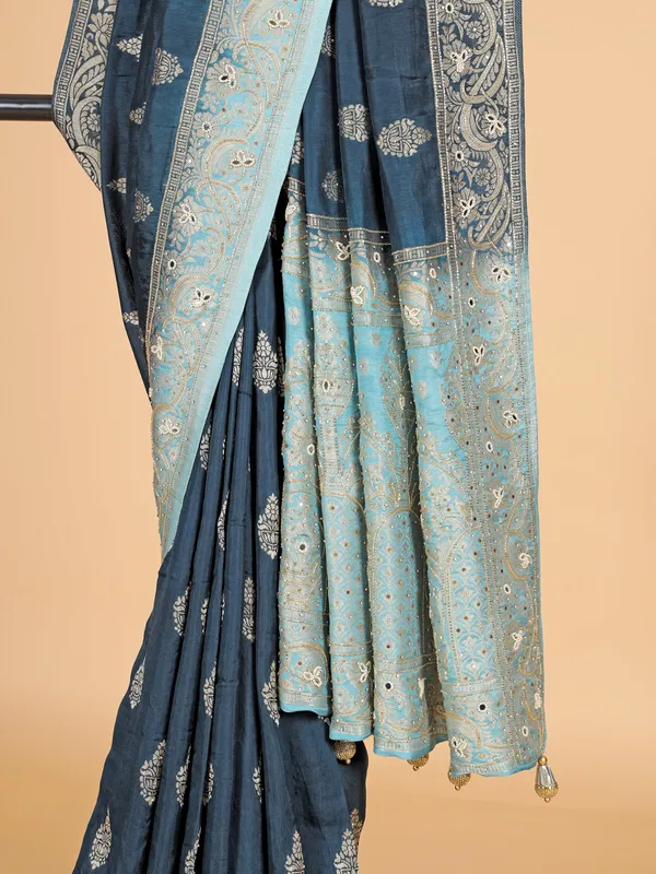 Rama blue banarasi silk saree for wedding