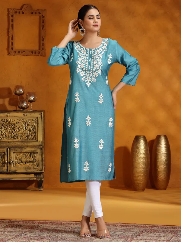 Rama blue casual cotton silk embroidery kurti