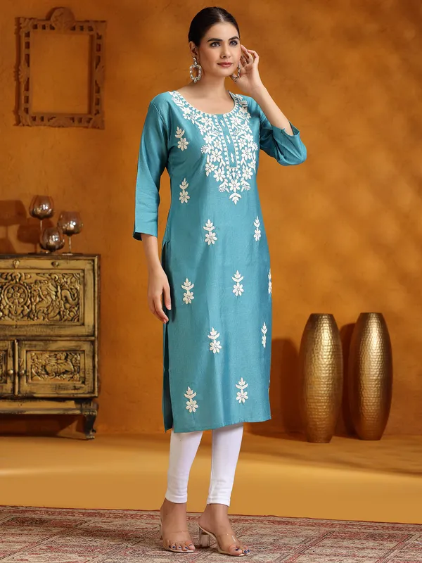Rama blue casual cotton silk embroidery kurti
