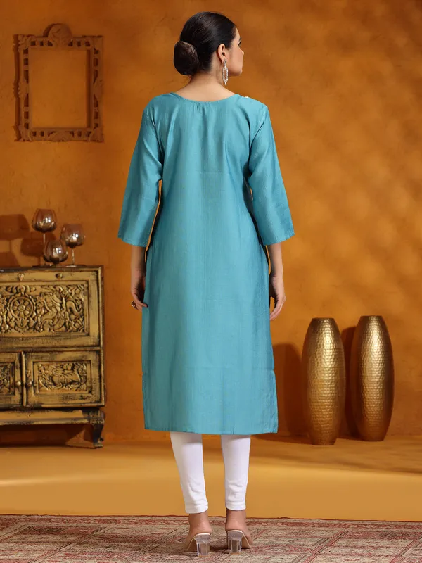 Rama blue casual cotton silk embroidery kurti