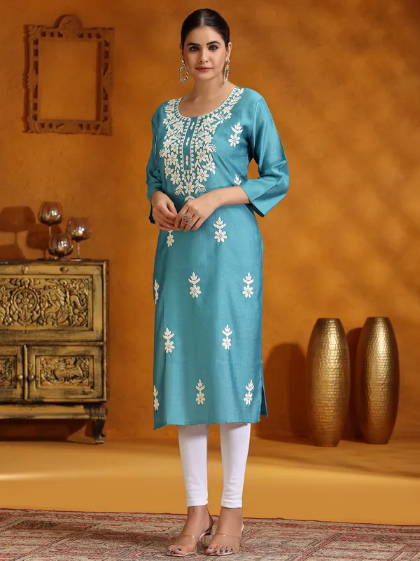 Rama blue casual cotton silk embroidery kurti