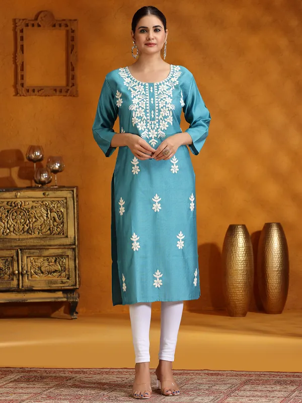 Rama blue casual cotton silk embroidery kurti