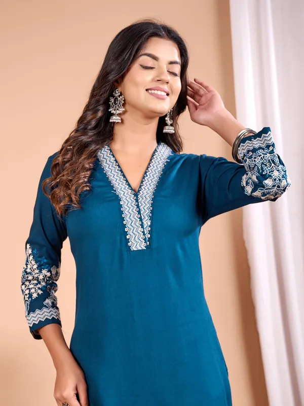 Rama blue casual silk embroidery kurti