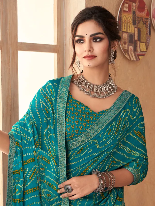 Rama blue chiffon printed saree for women