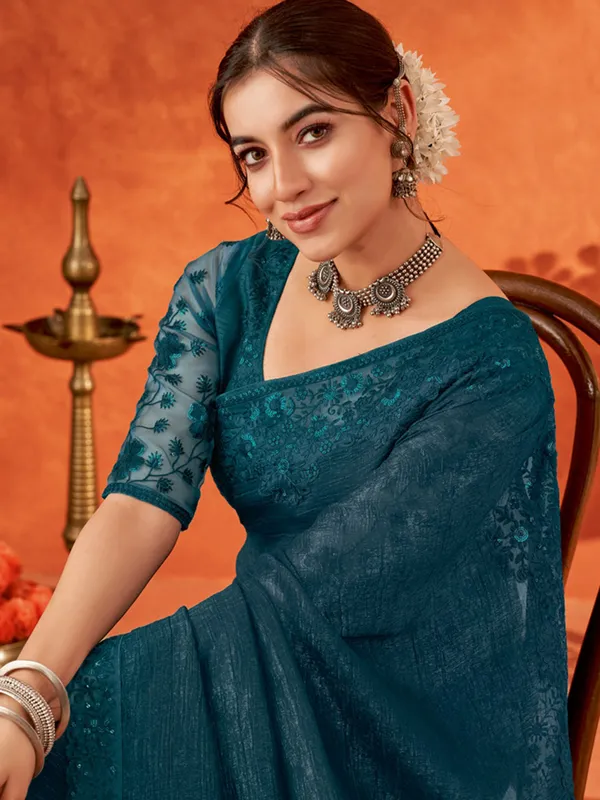 Rama blue chiffon saree for festive