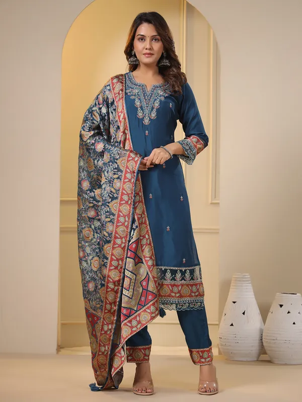 Rama blue cotton kurti set with printed dupatta