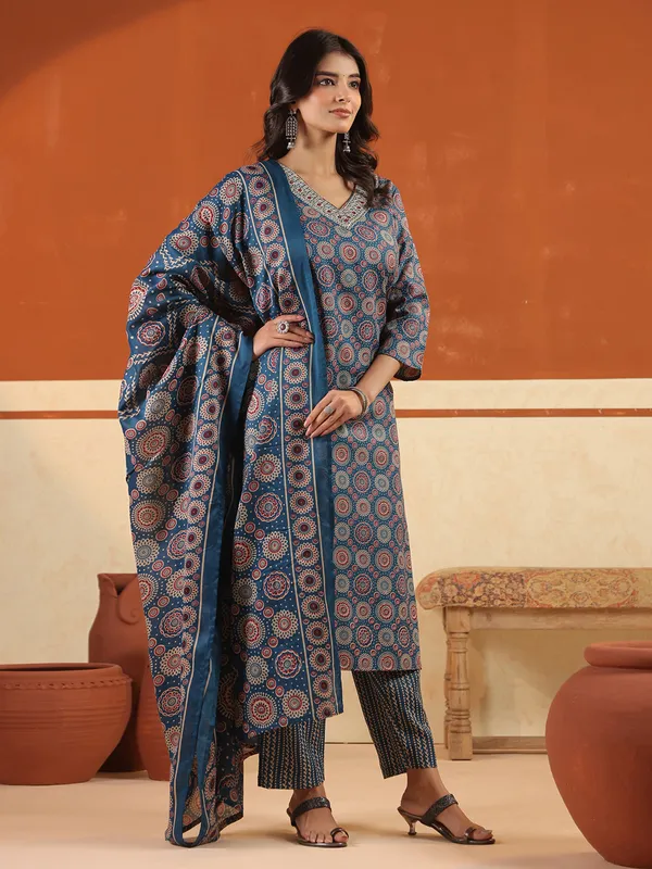 Rama blue cotton printed festival wear kurti set with V neckline