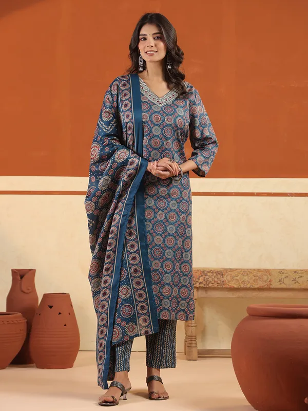 Rama blue cotton printed festival wear kurti set with V neckline