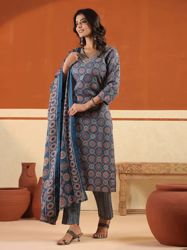 Rama blue cotton printed festival wear kurti set with V neckline