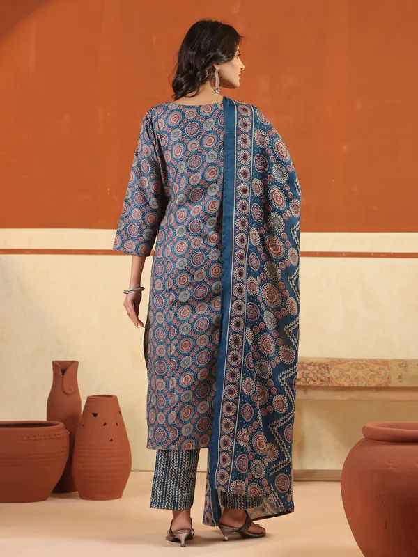 Rama blue cotton printed festival wear kurti set with V neckline