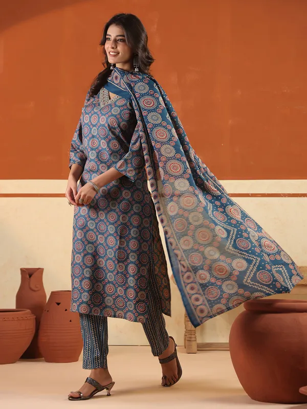 Rama blue cotton printed festival wear kurti set with V neckline