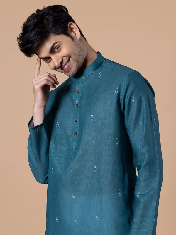 Rama blue cotton printed kurta set