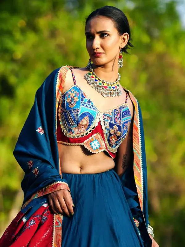 Rama blue cotton silk chaniya choli with dupatta