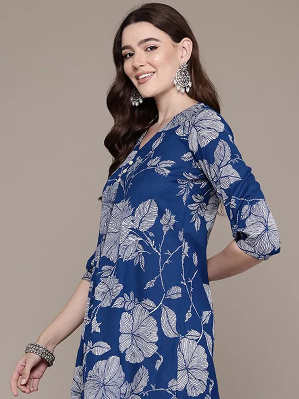 Rama blue cotton silk kurti set in printed