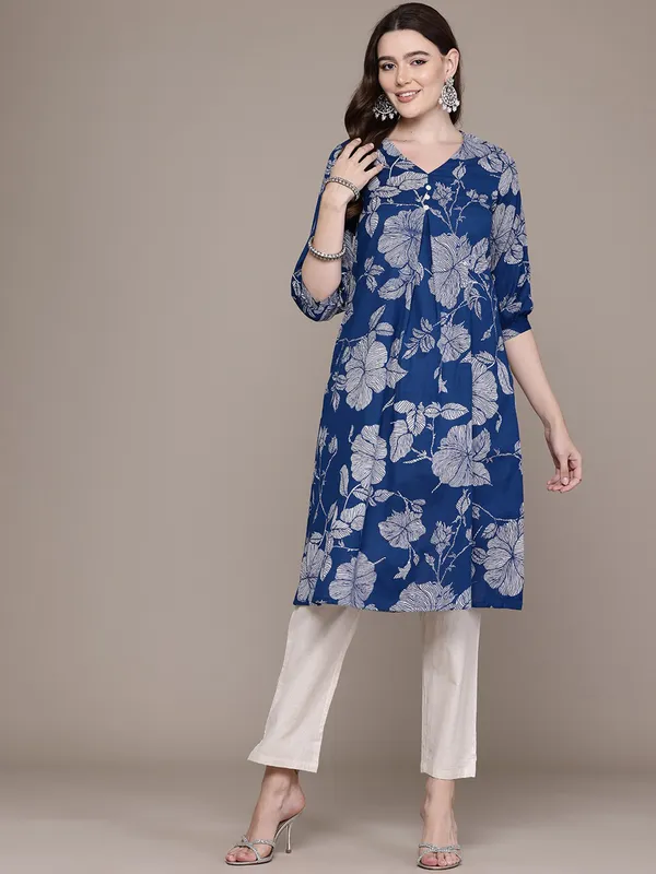 Rama blue cotton silk kurti set in printed