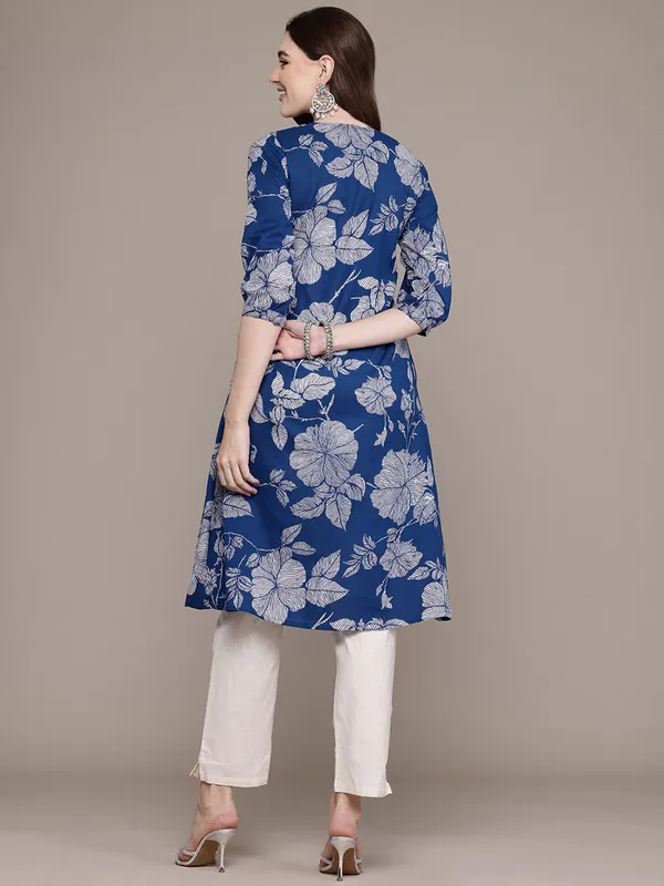 Rama blue cotton silk kurti set in printed