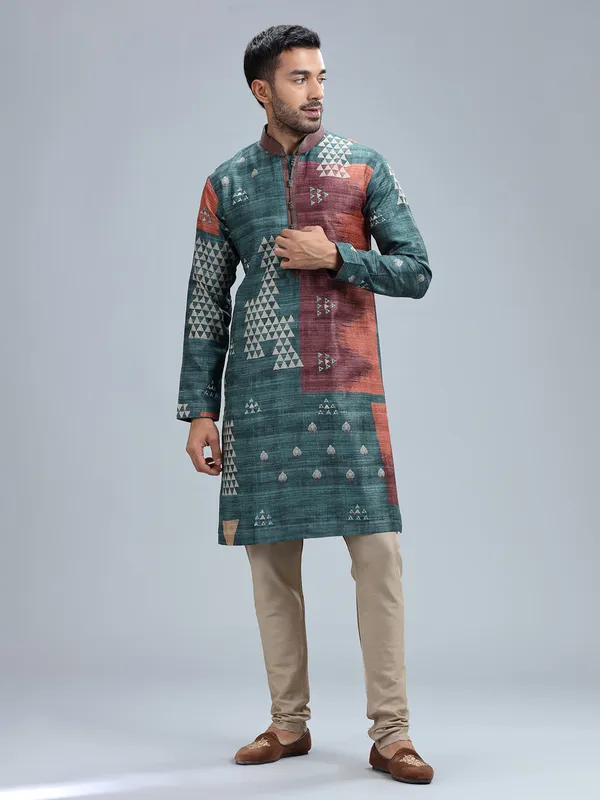 Rama blue cotton silk printed kurta set for men