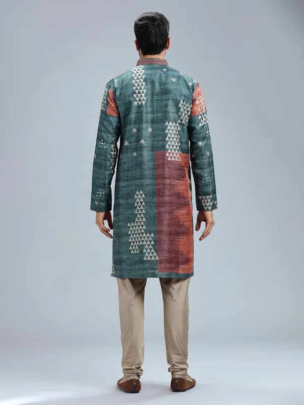Rama blue cotton silk printed kurta set for men