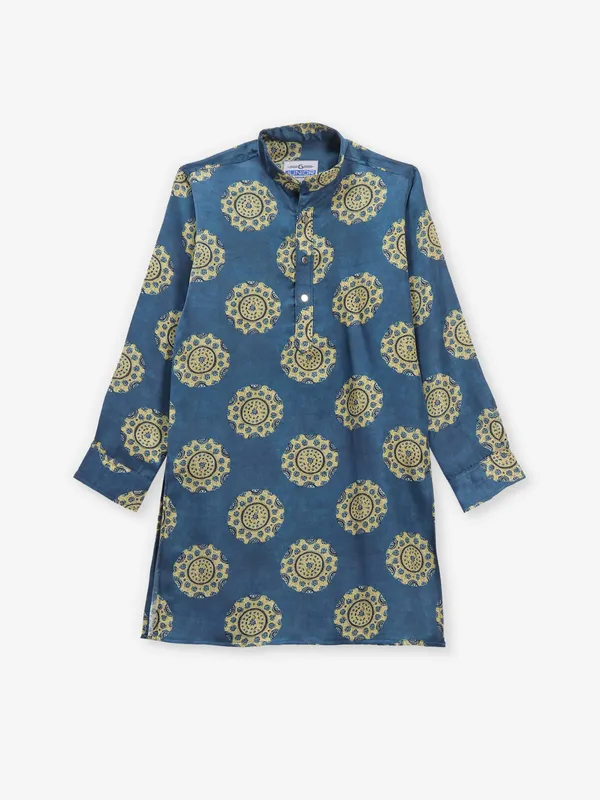 Rama blue cotton silk printed kurta suit for boys