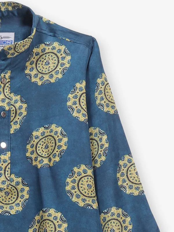 Rama blue cotton silk printed kurta suit for boys