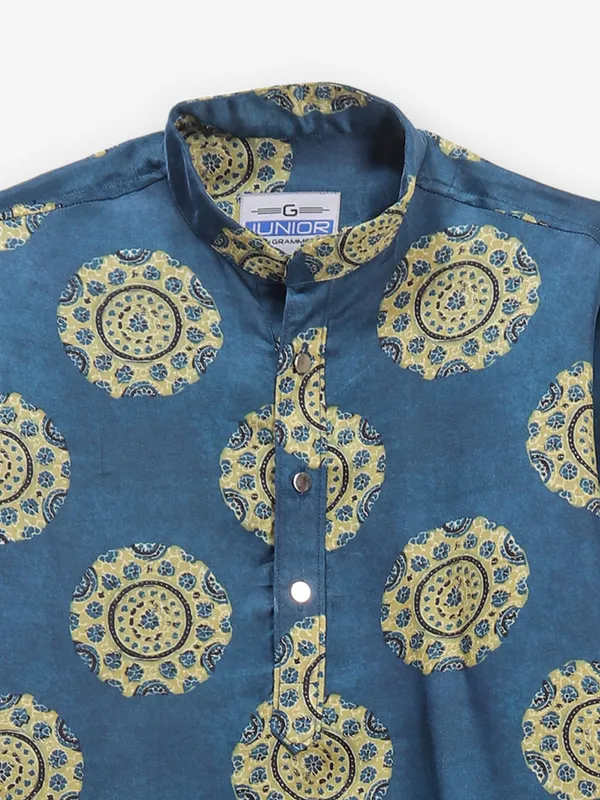 Rama blue cotton silk printed kurta suit for boys