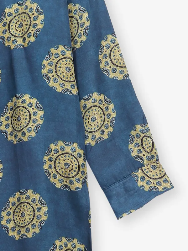 Rama blue cotton silk printed kurta suit for boys