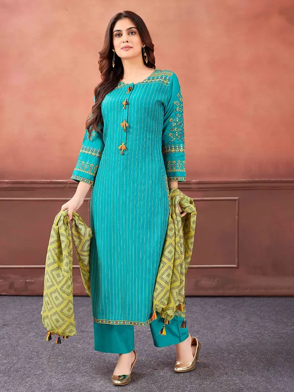 Rama blue cotton silk stripe salwar suit