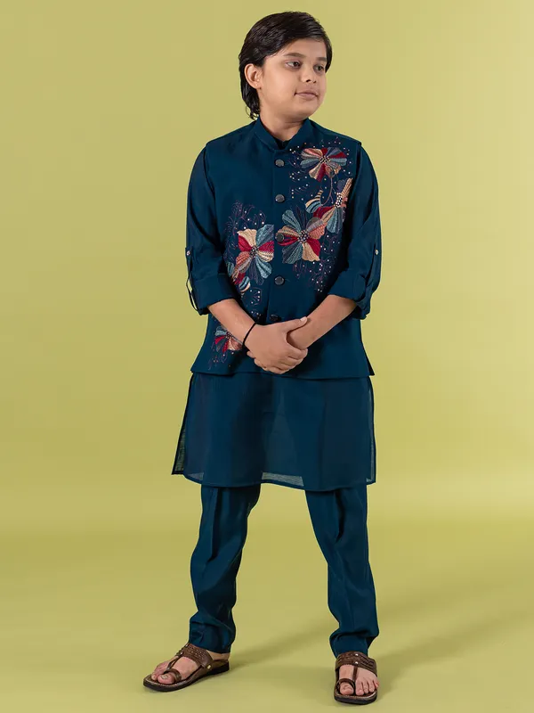 Rama blue cotton silk waistcoat set for boys