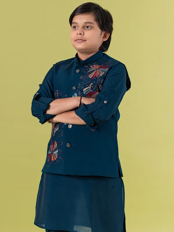 Rama blue cotton silk waistcoat set for boys