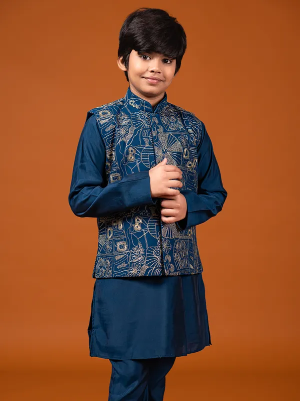 Rama blue cotton silk waistcoat set in resham