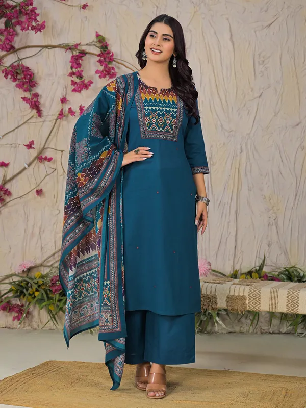 Rama blue cotton silk yoke kurti set