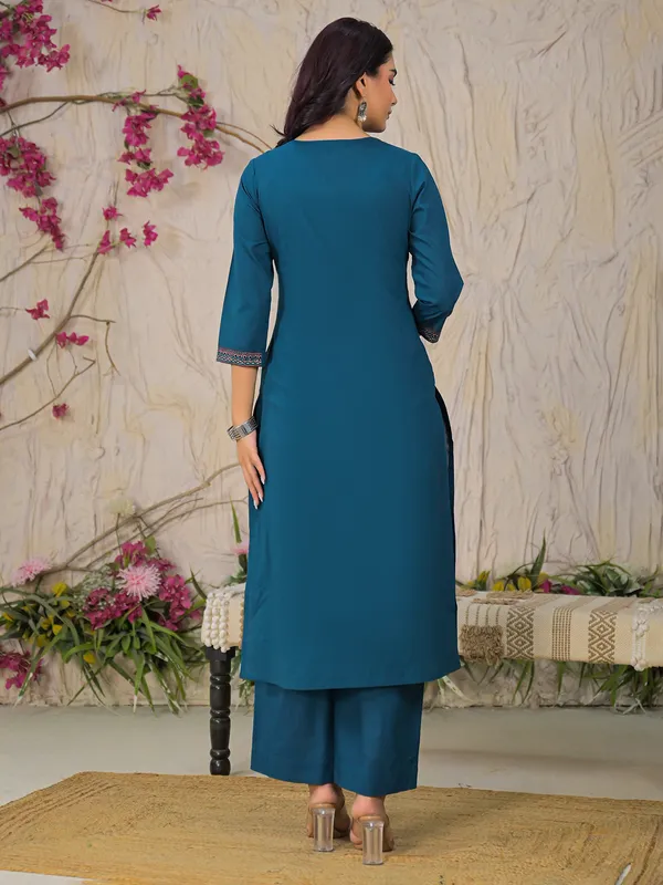 Rama blue cotton silk yoke kurti set
