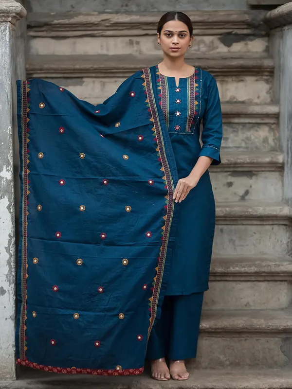 Rama blue cotton yoke style kurti set