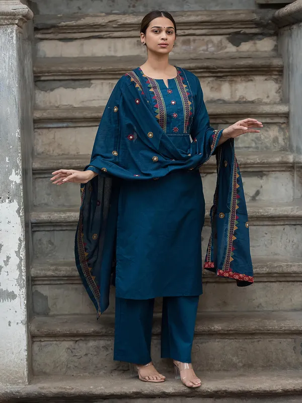Rama blue cotton yoke style kurti set