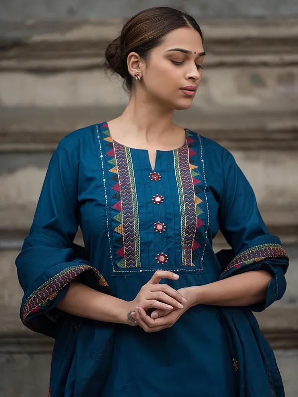 Rama blue cotton yoke style kurti set