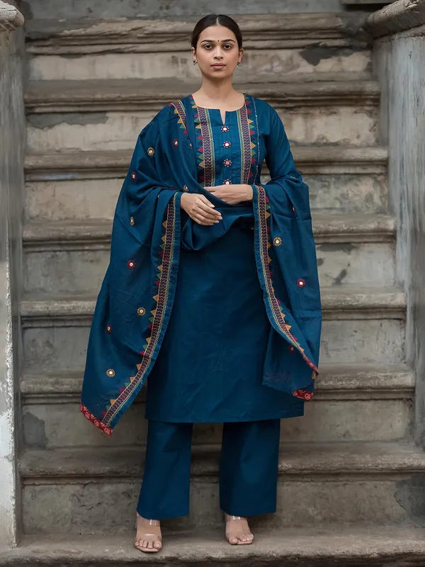 Rama blue cotton yoke style kurti set
