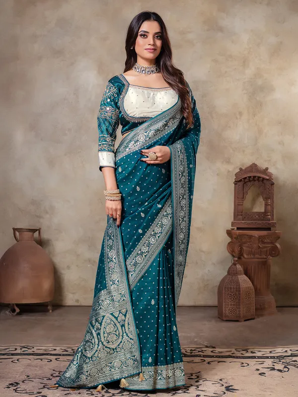 Rama blue dola silk saree in zari weaving