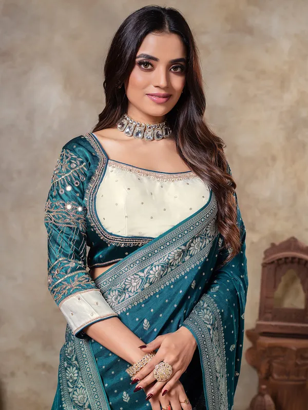 Rama blue dola silk saree in zari weaving