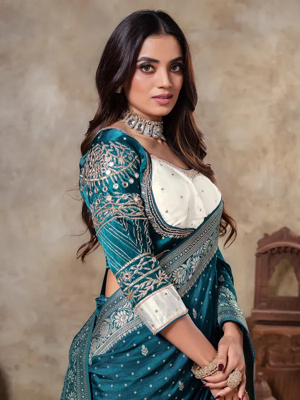 Rama blue dola silk saree in zari weaving