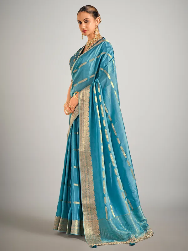 Rama blue dola silk zari weaving saree